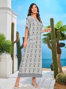 Al Najma 印花雙口袋蝙蝠袖直筒連衣裙 - 彩色 - 查看 5