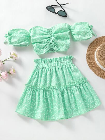 SHEIN Young Girl Plant Print Off Shoulder Top & Paperbag Waist Frill Trim Skirt