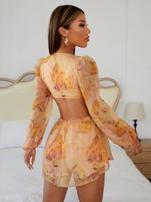 SHEIN PETITE Floral Print Backless Tie Front Chiffon Jumpsuit - Multicolor - View 2