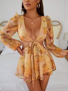 SHEIN PETITE Floral Print Backless Tie Front Chiffon Jumpsuit - Multicolor - View 5