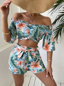 Random Tropical Print Off Shoulder Shirred Frill Trim Top & Belted Shorts - Multicolor - View 1