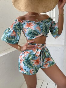 Random Tropical Print Off Shoulder Shirred Frill Trim Top & Belted Shorts - Multicolor - View 3