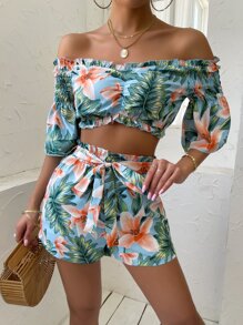 Random Tropical Print Off Shoulder Shirred Frill Trim Top & Belted Shorts - Multicolor - View 4