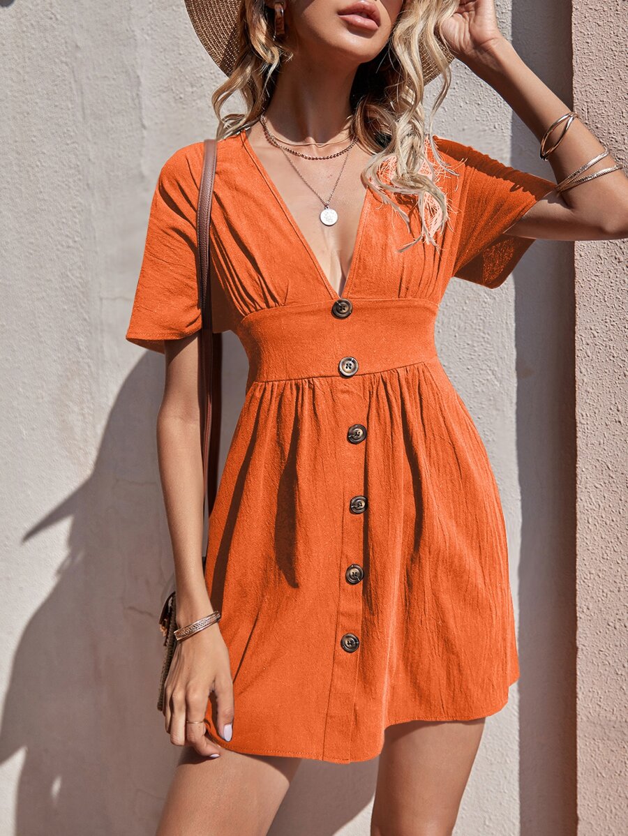 SHEIN Unity Button Front Deep V Neck A-line Dress - Burnt Orange - View 1