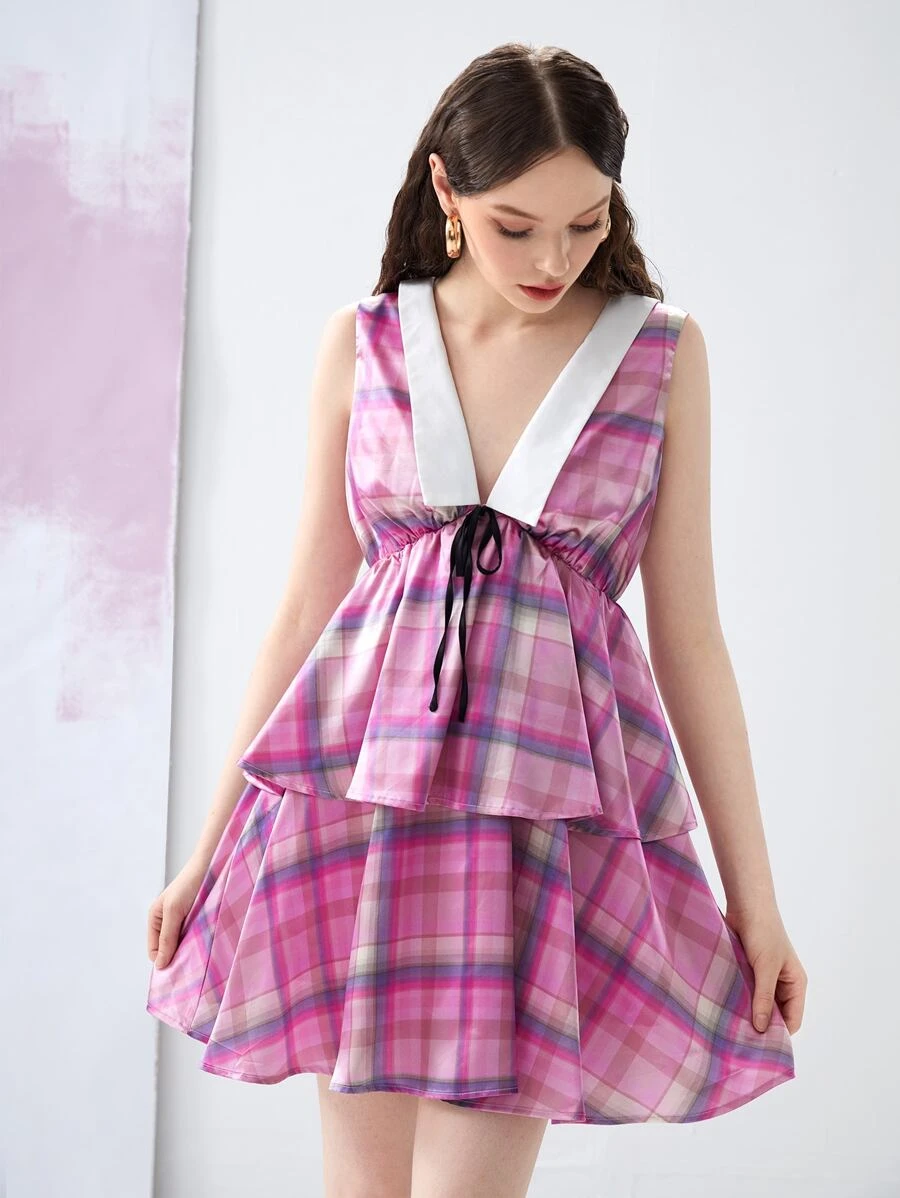 CRYBABY Đầm phân lớp Dây kéo Thắt nơ trước Sọc ca rô Hấp dẫn - Nhiều màu - Xem 1
