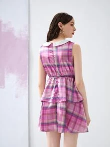 CRYBABY Đầm phân lớp Dây kéo Thắt nơ trước Sọc ca rô Hấp dẫn - Nhiều màu - Xem 2