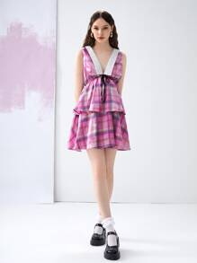 CRYBABY Đầm phân lớp Dây kéo Thắt nơ trước Sọc ca rô Hấp dẫn - Nhiều màu - Xem 3