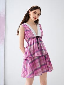 CRYBABY Đầm phân lớp Dây kéo Thắt nơ trước Sọc ca rô Hấp dẫn - Nhiều màu - Xem 4