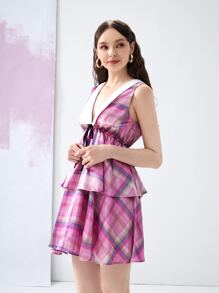 CRYBABY Đầm phân lớp Dây kéo Thắt nơ trước Sọc ca rô Hấp dẫn - Nhiều màu - Xem 5