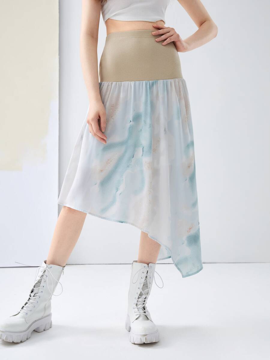 AMA Graphic Print Asymmetrical Hem Skirt - Multicolor - View 1