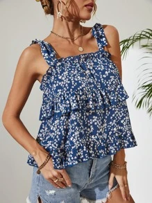 Ditsy Floral Layered Ruffle Hem Cami Top - Blue and White - View 3