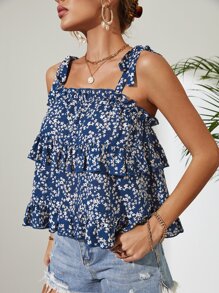 Ditsy Floral Layered Ruffle Hem Cami Top - Blue and White - View 4