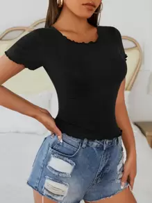 SHEIN PETITE Áo thun dệt kim viền rau diếp - màu đen - Xem 4