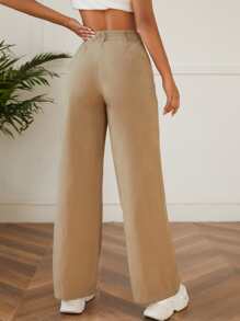 SHEIN PETITE Solid High Waist Trousers - Khaki - View 2