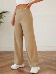 SHEIN PETITE Solid High Waist Trousers - Khaki - View 3