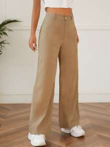 SHEIN PETITE Solid High Waist Trousers - Khaki - View 4