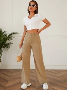 SHEIN PETITE Solid High Waist Trousers - Khaki - View 5