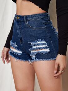 SHEIN ICON 高腰破洞牛仔短褲 - 深色水洗藍 - 查看 3