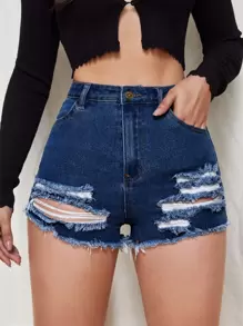 SHEIN ICON 高腰破洞牛仔短褲 - 深色水洗藍 - 查看 5