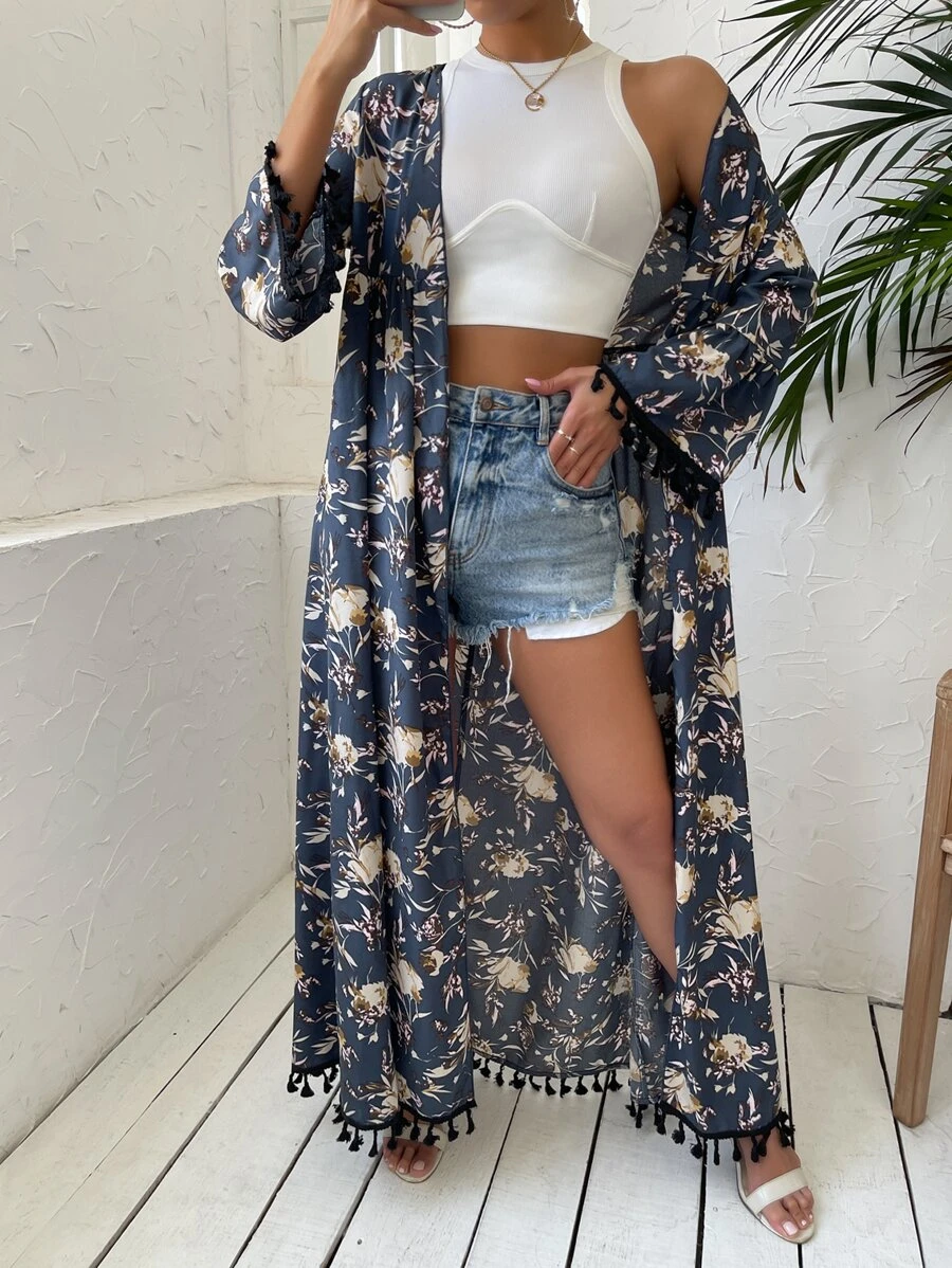 Allover Floral Tassel Kimono, For Summer Beach Vacation - Multicolor - View 1