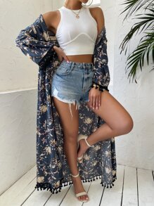 Allover Floral Tassel Kimono, For Summer Beach Vacation - Multicolor - View 3