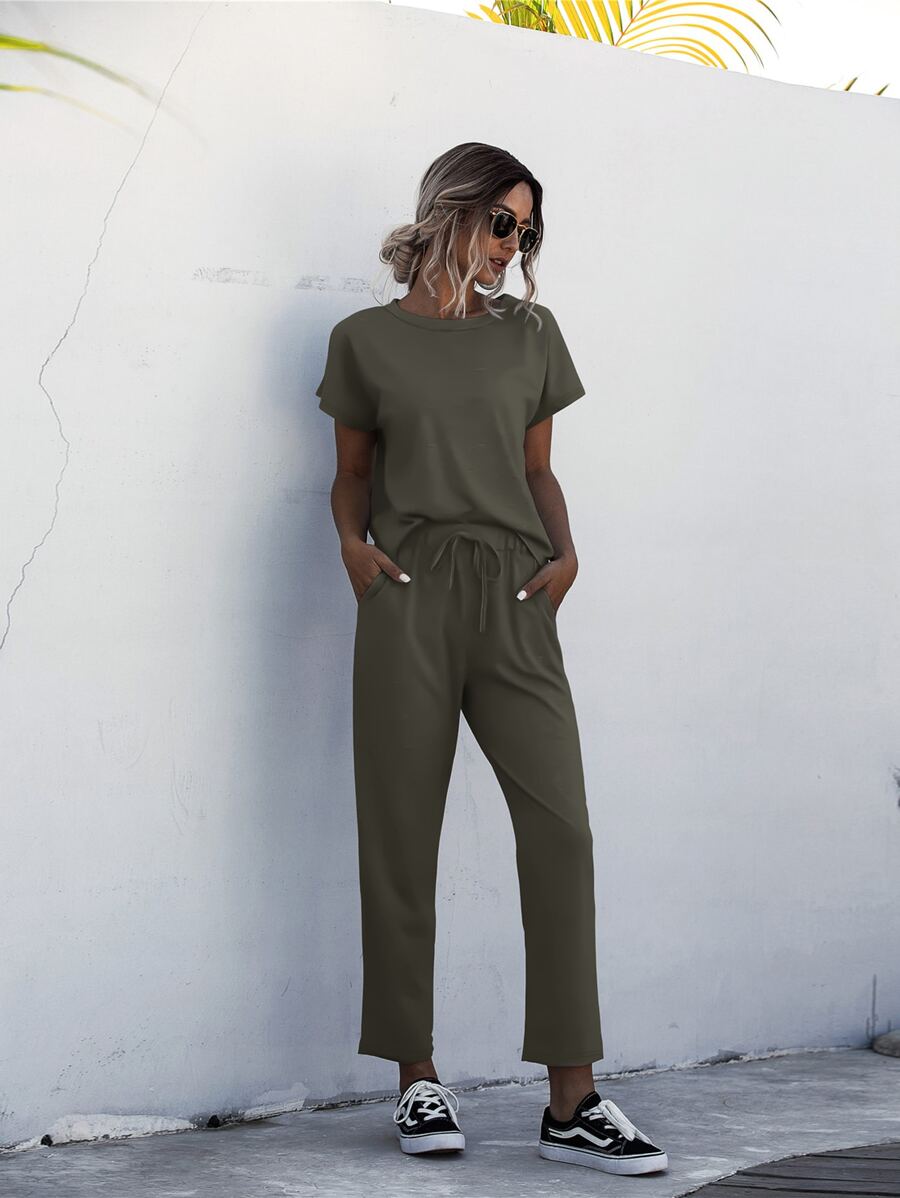 SHEIN LUNE Batwing Sleeve Tee With Drawstring Waist Pants