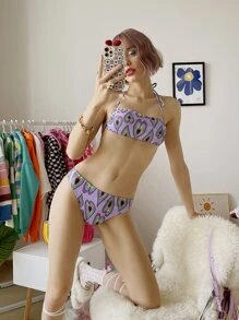 Heart Print Tie Back Halter Bikini Set, For Summer Beach Vacation - Multicolor - View 3