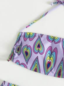 Heart Print Tie Back Halter Bikini Set, For Summer Beach Vacation - Multicolor - View 4