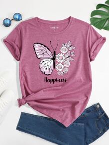 INAWLY Camiseta con estampado floral con mariposa - Rosa vieja - Ver 1