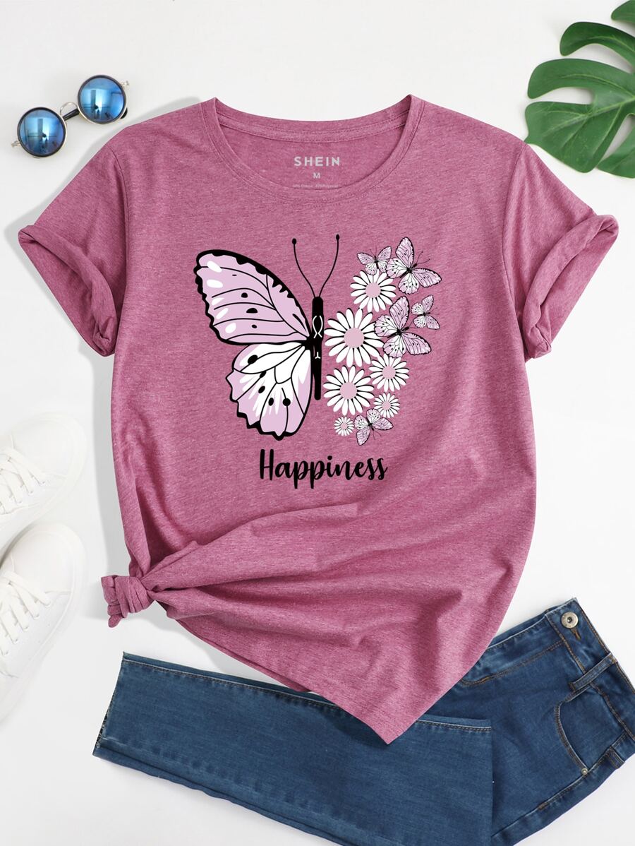 INAWLY Camiseta con estampado floral con mariposa - Rosa vieja - Ver 1
