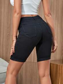 SHEIN Frenchy Roll Hem High Waist Biker Denim Shorts