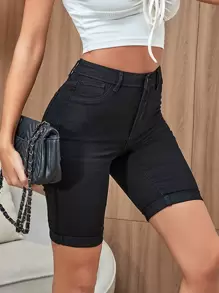 SHEIN Frenchy Roll Hem High Waist Biker Denim Shorts