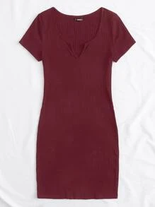 SHEIN BASICS 西裝領羅紋針織洋裝 - 酒紅色 - 查看 2