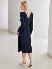 MOTF PREMIUM Đầm Tương phản ren Dây kéo màu trơn Thanh lịch - Màu xanh hải quân - Xem 2