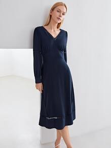 MOTF PREMIUM Đầm Tương phản ren Dây kéo màu trơn Thanh lịch - Màu xanh hải quân - Xem 4