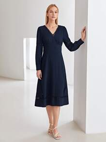 MOTF PREMIUM Đầm Tương phản ren Dây kéo màu trơn Thanh lịch - Màu xanh hải quân - Xem 6