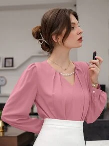Áo sơ mi nữ màu trơn Thanh lịch - Bụi hồng - Xem 6
