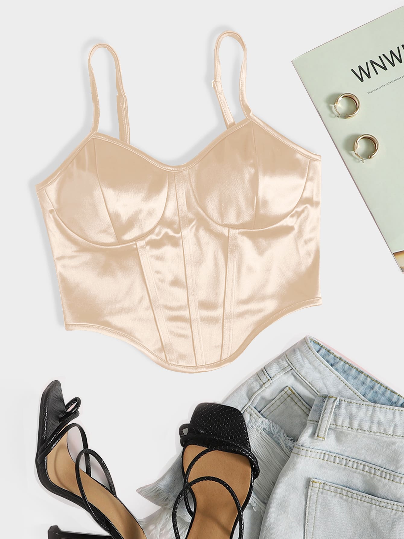 SHEIN Privé Curved Hem Satin Cami Top - Baby Pink - View 1