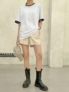 DAZY Áo thun nữ Tương phản ràng buộc màu trơn Giải trí - trắng - Xem 3