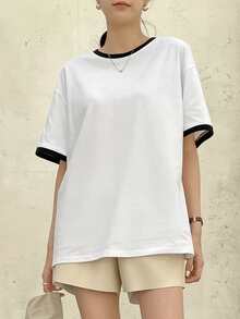 DAZY Áo thun nữ Tương phản ràng buộc màu trơn Giải trí - trắng - Xem 4