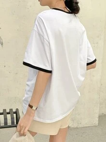 DAZY Áo thun nữ Tương phản ràng buộc màu trơn Giải trí - trắng - Xem 5