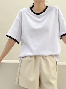 DAZY Áo thun nữ Tương phản ràng buộc màu trơn Giải trí - trắng - Xem 7