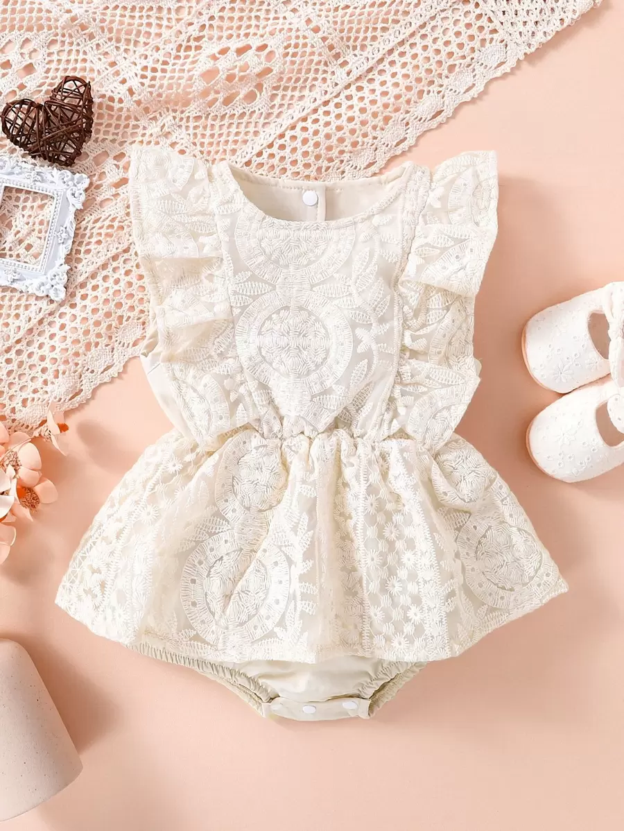 SHEIN Vintaside Kids Bebis Flicka Blommiga Broderier Kant med Volanger Snörhålsdekor Kroppsuits