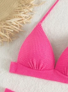 Textured Ruched Halter Bikini - Pink - View 3