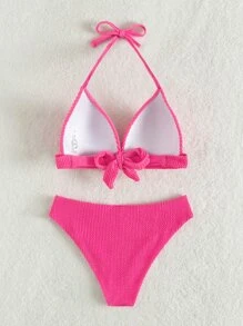 Textured Ruched Halter Bikini - Pink - View 5
