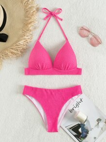 Textured Ruched Halter Bikini - Pink - View 6