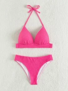 Textured Ruched Halter Bikini - Pink - View 7