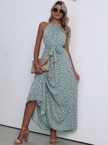SHEIN LUNE Vestido halter con estampado floral bajo con fruncido con cinturón - Multicolor - Ver 1