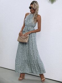 SHEIN LUNE Vestido halter con estampado floral bajo con fruncido con cinturón - Multicolor - Ver 3