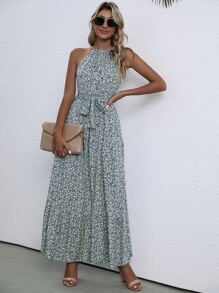 SHEIN LUNE Vestido halter con estampado floral bajo con fruncido con cinturón - Multicolor - Ver 4